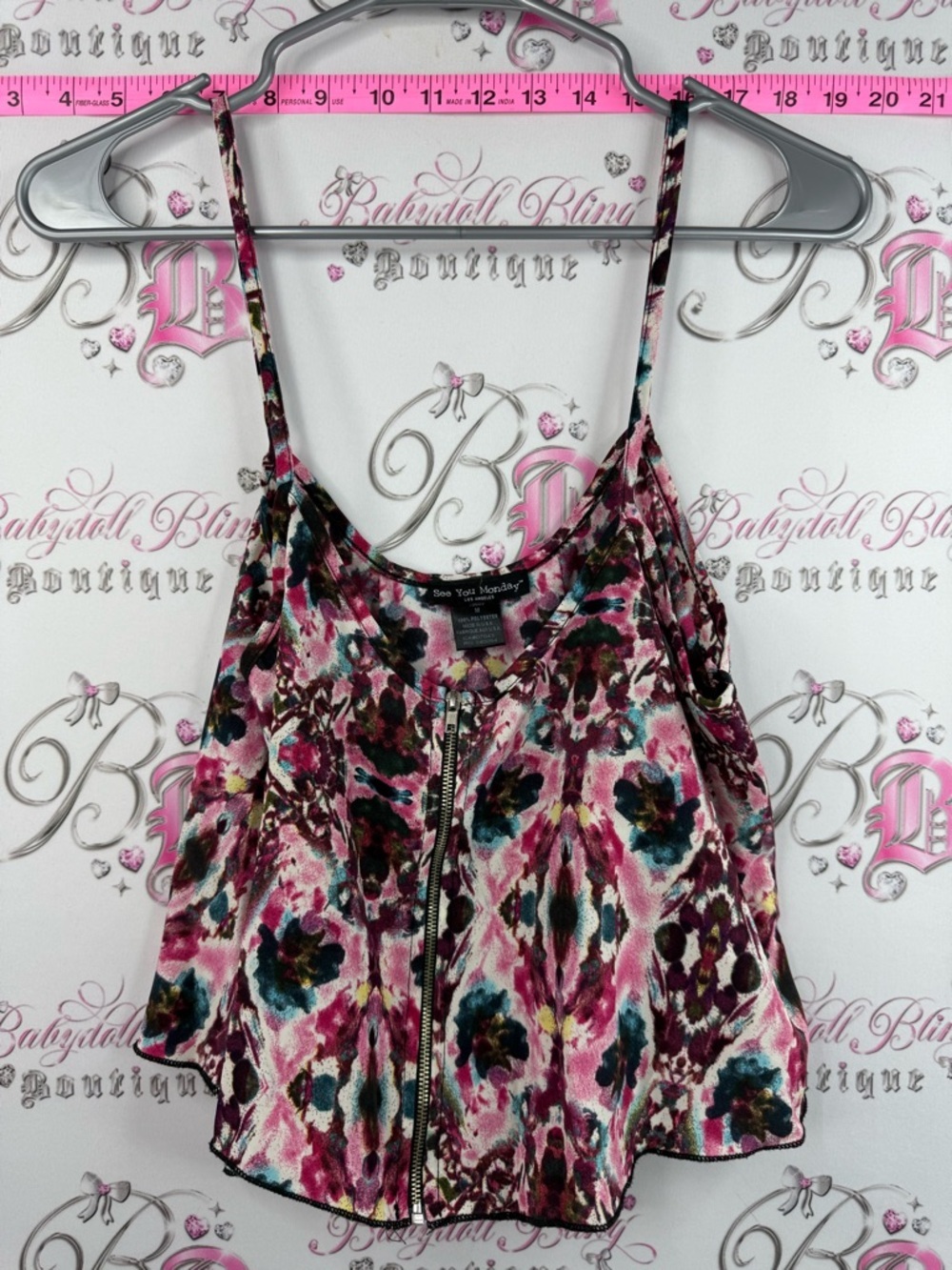 See You Monday tank Pink Floral Zip-Front Cami with Teal & Burgundy Accents